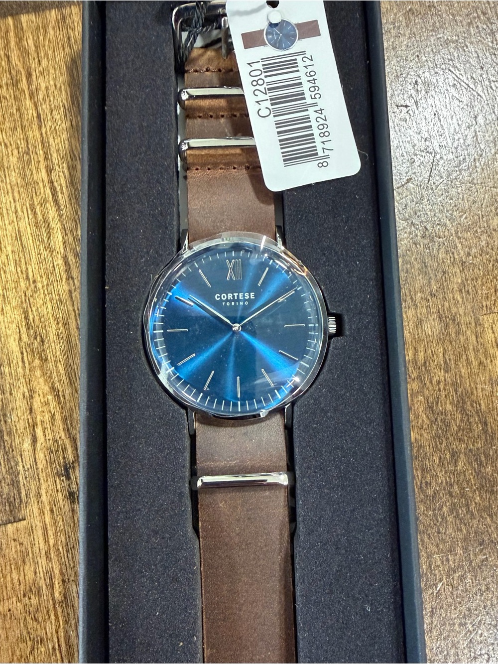 Cortese Torino Blue Dial Quartz Dress Watch Brown Leather Strap Box